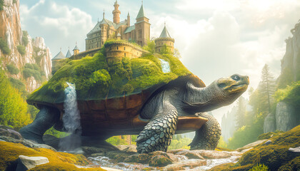 Wall Mural - Medieval castle over a statue of a giant turtle. Fantastic world of medieval fantasy.