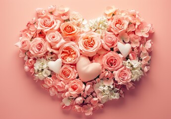 Wall Mural - Heart-shaped floral arrangement with pink roses and hearts