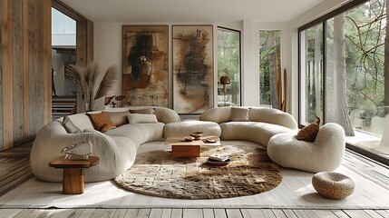 Modern and cozy interior design of a living room with a curved  boucle sofa and large windows overlooking a forest, rich in natural light and organic textures.