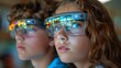 Two young individuals engaged in an augmented reality experience wearing high-tech glasses. 