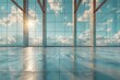 Sunlight streams through azure windows of vacant building with a swimming pool