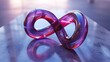 A sleek, reflective mobius strip with a vibrant purple and pink hue rests on a glossy surface, symbolizing infinity and continuity against a soft background. 