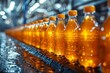 Conveyor belt with amber fluidfilled glass bottles of orange juice in factory