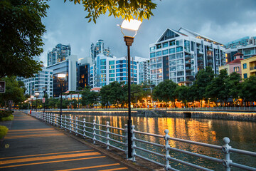 Wall Mural - General view from Singapore skyscrapers and flats among green streets during twilight