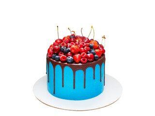 Wall Mural - Beautiful blue birthday cake decorated with fresh berries with a place for a label. The concept of summer desserts for a birthday