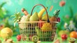 Basket with foods on green background. Supermarket shopping concept. 3d rendering