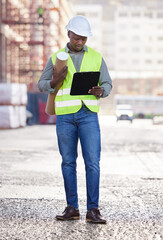 Poster - Construction site, blueprint and clipboard by black man for design, checklist or architecture compliance. Building, engineering or African architect with property floor plan for industrial strategy