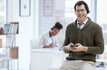 Aufkleber - Portrait, man and happy with smartphone at call center for customer or client support and service. Office, crm and advisor or consultant with smile or satisfied with job and career growth as agent
