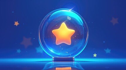 Wall Mural - A cartoon rendering showcases a five star rating nestled inside a speech bubble against a vibrant blue backdrop