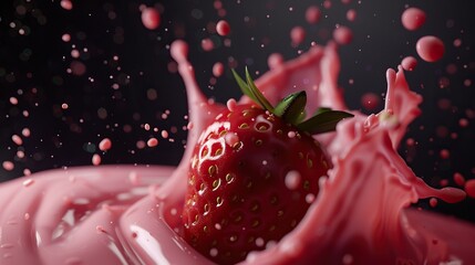 Wall Mural - Splash of strawberry and strawberry flavored pink yoghurt in copy space on dark background