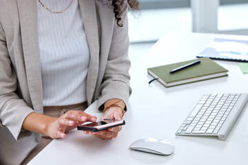 Poster - Hands, typing and person with smartphone for communication, email and work for corporate career. Notebook, professional and business employee by technology for website, contact and internet in office