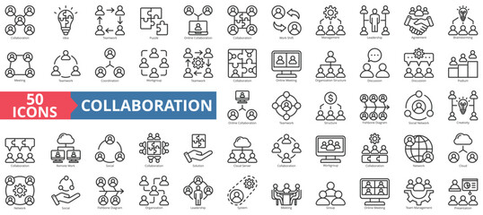Poster - Collaboration icon collection set. Containing idea, teamwork, puzzle, online, work shift, management, leadership icon. Simple line vector.