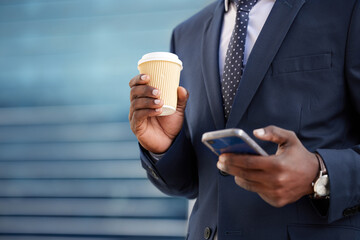 Poster - Coffee, cell phone and hands for black man, communication and texting on smartphone. Technology, entrepreneur and networking or typing for connection, mobile app and internet for business contact