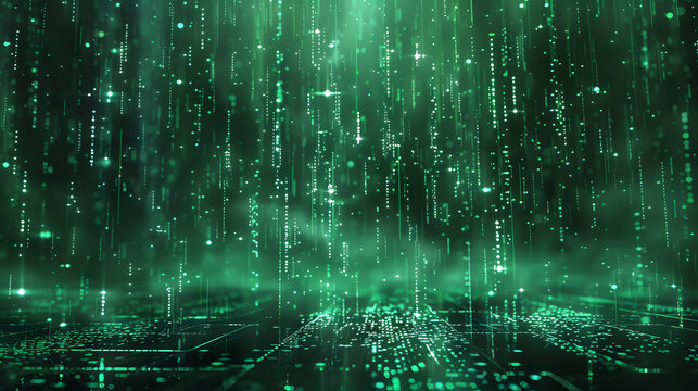 a digital rain of green binary code cascading down a dark black background, with a sense of movement
