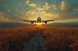 Aircraft lifts off from runway at sunset, soaring into the colorful sky