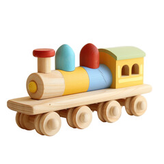 A charming wooden toy train set against a transparent background stands out beautifully