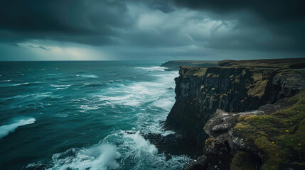 Wall Mural - A dramatic cliff overlooking the ocean with waves crashing below and a stormy sky above