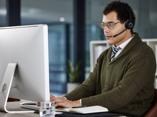 Aufkleber - Man, typing and computer with headset in office for call center, customer with problem in Ukraine. Male consultant, keyboard and help with headphones in workplace, subscription or deal for internet