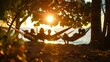 A group of travelers lounging in hammocks on an exotic island gazing out at the stunning sunset and finding complete relaxation in the peacefulness of their surroundings. 2d flat cartoon.