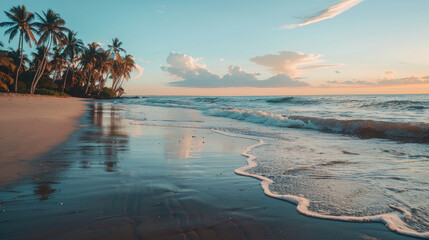 Wall Mural - Tropical sunset with gentle waves caressing the sandy beach under swaying palm trees