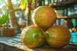 Tropical coconuts on wooden surface