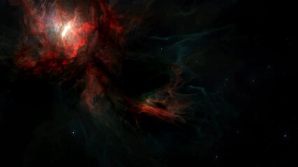 Wall Mural - Red Hydrogen Nebula with hot glowing proto stars in deep space star field. 3D animation wide shot of the birth of stars and the theory of Big Bang. Hot plasma ignites solar fusion.