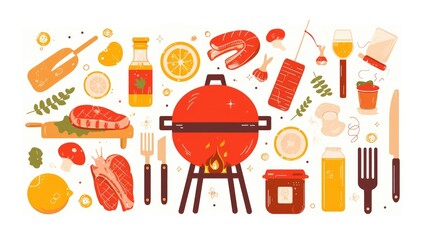 Wall Mural - 2d graphics of a grill line icon representing fire cooking and barbecue designed with a linear pattern on a white background and saved in format