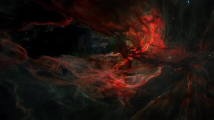 Wall Mural - Red Hydrogen Nebula with hot glowing proto stars in deep space star field. 3D animation wide shot of the birth of stars and the theory of Big Bang. Hot plasma ignites solar fusion.