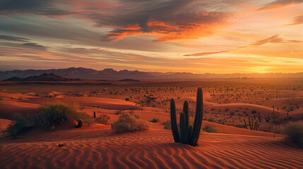Wall Mural - Vast desert under a serene twilight with rolling sand dunes and lone cacti