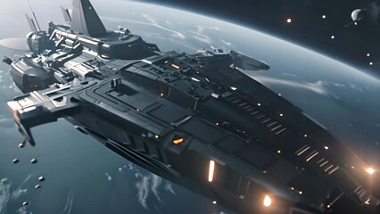 Wall Mural - Futuristic Spaceship Orbiting Planet Earth with Ai generated.
