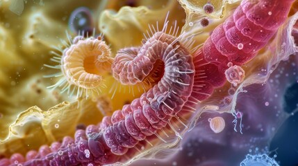 Poster - A small section of the intestinal lining is filled with numerous hookworms each with sharp hooklike mouths used to latch onto their