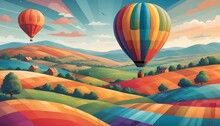 A Fleet Of Vibrant Hot Air Balloons Drifts Gracefully Above Rolling Hills Painted In A Kaleidoscope Of Colors—verdant Greens, Golden Yellows, And Fiery Reds—creating A Breathtaking Panorama.