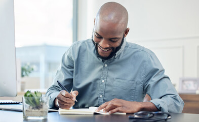 Poster - Businessman, office and notebook with smile with writing for planning with creative project. Strategy, accounting and records for corporate clients with schedule, entrepreneur and technology at desk