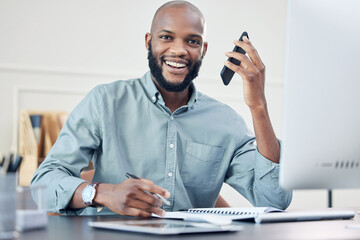 Leinwandbilder - Businessman, smartphone and office with smile in portrait for business with client calls or research. Communication, company and telemarketing with employee for happiness with confidence in job