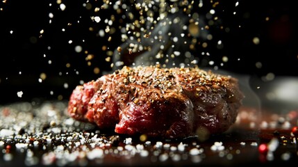 Close-up of a succulent steak being seasoned, with salt and pepper grains suspended in motion, set against a dark canvas.