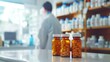 © BrightWhite - Busy pharmacy scene with one pharmacist arranging medication shelves, focus on three bottles of medication in foreground, healthcare theme. Copy space.