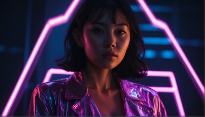 Wall Mural - purple glowing neon lights on asian beautiful woman in dark background from Generative AI