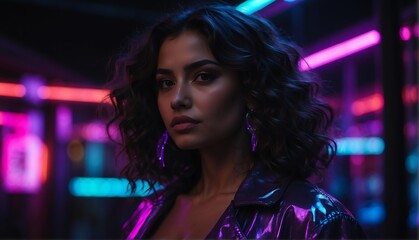 Wall Mural - purple glowing neon lights on hispanic beautiful woman in dark background from Generative AI