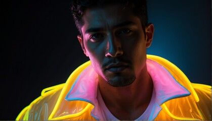 yellow glowing neon lights on hispanic handsome guy in dark background from Generative AI