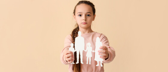 Poster - Little girl with family figure on beige background. Divorce concept