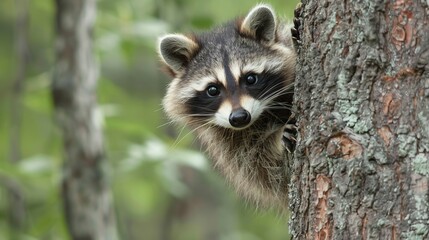 Wall Mural - Curious raccoon peeking out from behind a tree  AI generated illustration