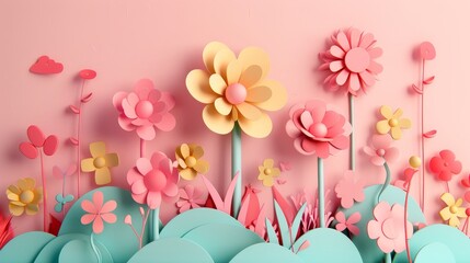 Leinwandbilder - Cute paper flowers blooming in an abstract 3D garden  AI generated illustration