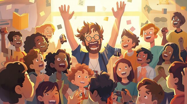 An illustration of a curious and imaginative 10-year kid with wavy dark blond hair with his friends and all the people in the town