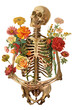 Vintage Illustration of skeleton with red and yellow flowers