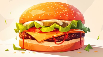 Canvas Print - A vibrant 2d illustration showcasing a delicious burger set against a clean white backdrop