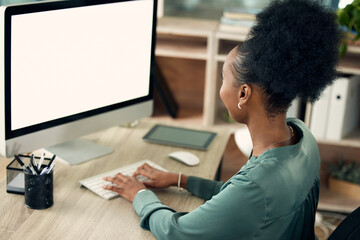 Poster - Office, black woman and typing on computer with screen for online research and information as hr manager. Back view, female employee and mockup in pc for administration work, deadline and task.