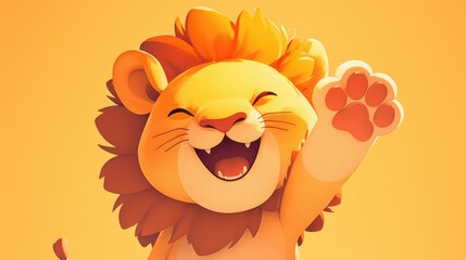 Wall Mural - A hilarious lion cartoon enthusiastically waves its paw