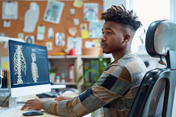 Young man doing physical therapy in office.