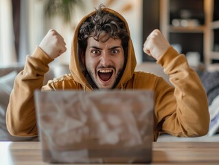 A man in a hoodie at a table with a laptop shows the emotion of victory. Success or big victory concept