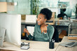 © peopleimages.com - Office, black woman and excited on computer with smile for online research, results and target as hr manager. Happy, female employee and cheerful in pc for administration work, task and success